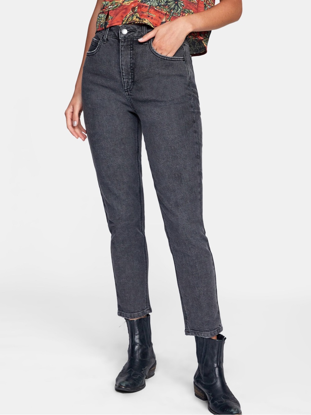 RVCA Black Charcoal Stan High Rise 90s Grunge Straight Leg Mom 100% Cotton Jeans